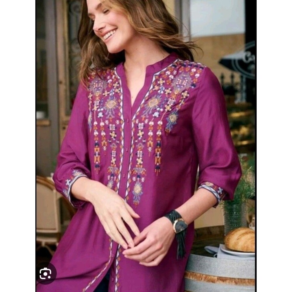 Soft Surroundings Kashmir Embroidered Tunic Blouse 3/4 Sleeve Petite XL